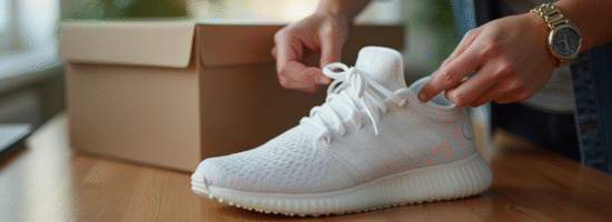 Homme déballant des sneakers blanches sur une table en bois