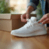 Homme déballant des sneakers blanches sur une table en bois