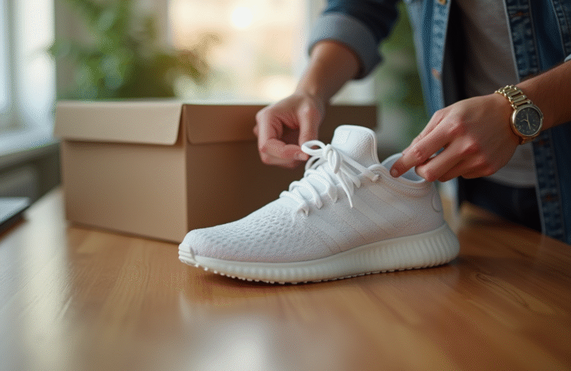 Homme déballant des sneakers blanches sur une table en bois