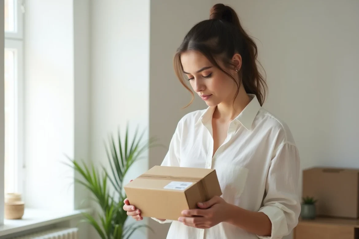 Jeune femme déballant un colis commandé en ligne et vérifiant la conformité de sa commande à domicile