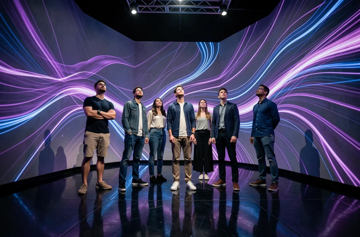 Salle immersive de Deorum Experience avec projection 360 degrés en bleu et violet et groupe de visiteurs émerveillés