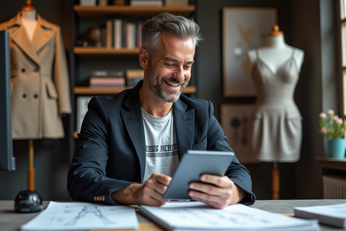 Designer homme dans son bureau avec tablette et croquis
