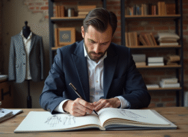 Designer français en studio à Paris en train de revoir un croquis