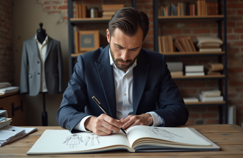 Designer français en studio à Paris en train de revoir un croquis