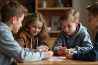 Deux jeunes adolescents apprenant à jouer à la belote en face à face autour d'une table en bois avec des cartes à jouer