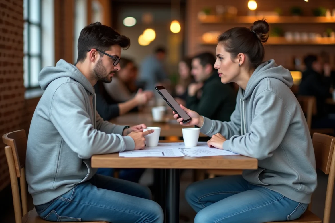 Deux jeunes adultes dans un café discutant de documents et d'avis sur smartphone, évoquant la vigilance face aux risques cachés des plateformes en ligne