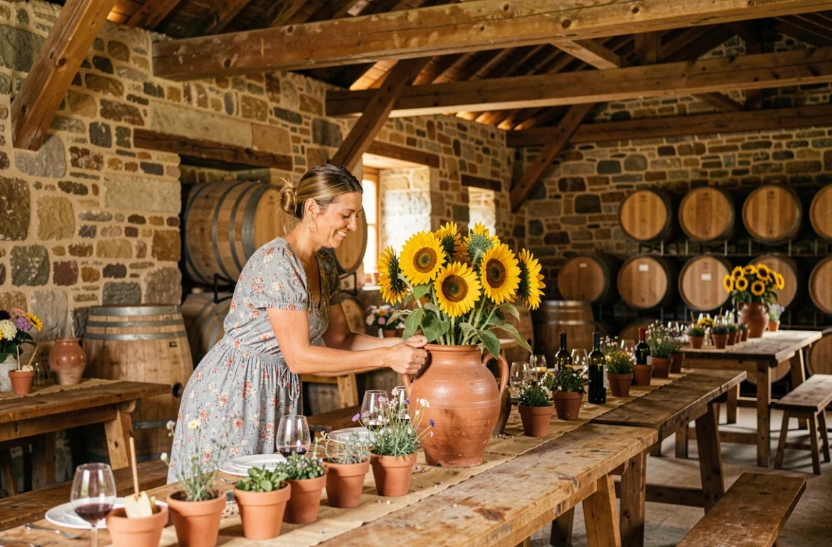 Intérieur de grange rustique du Domaine du Hirtz décoré pour une réception avec poutres en bois et fleurs sauvages