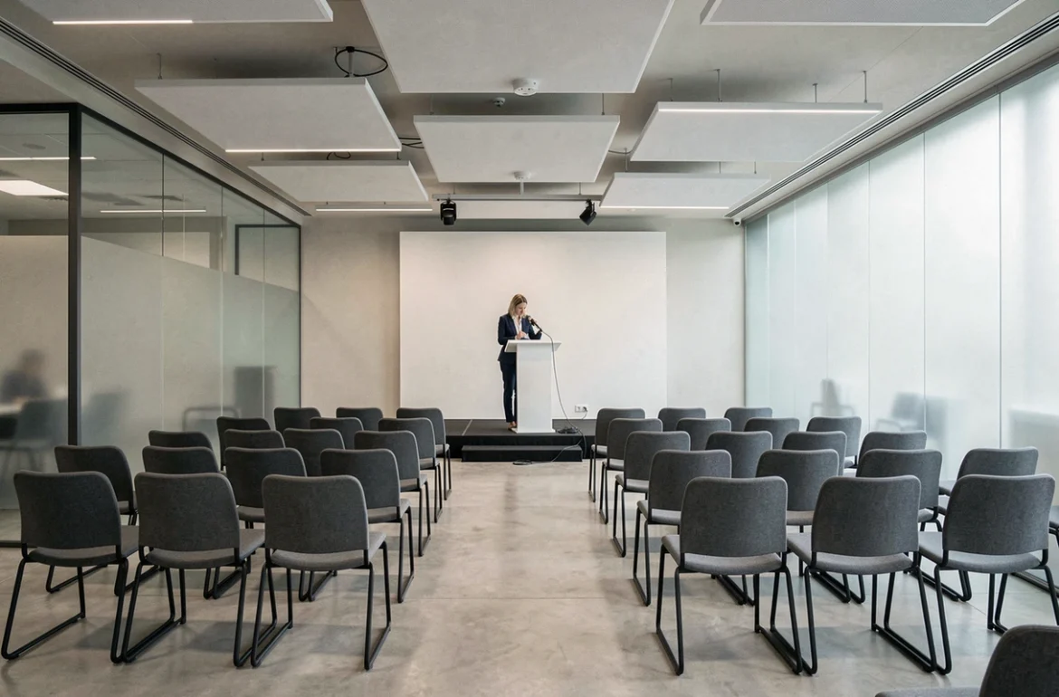 Salle de séminaire moderne aménagée par EJL Evenements avec scène minimaliste et chaises en rangées