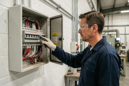 Électricien inspectant un tableau électrique triphasé avec disjoncteurs de différents calibres dans un atelier industriel