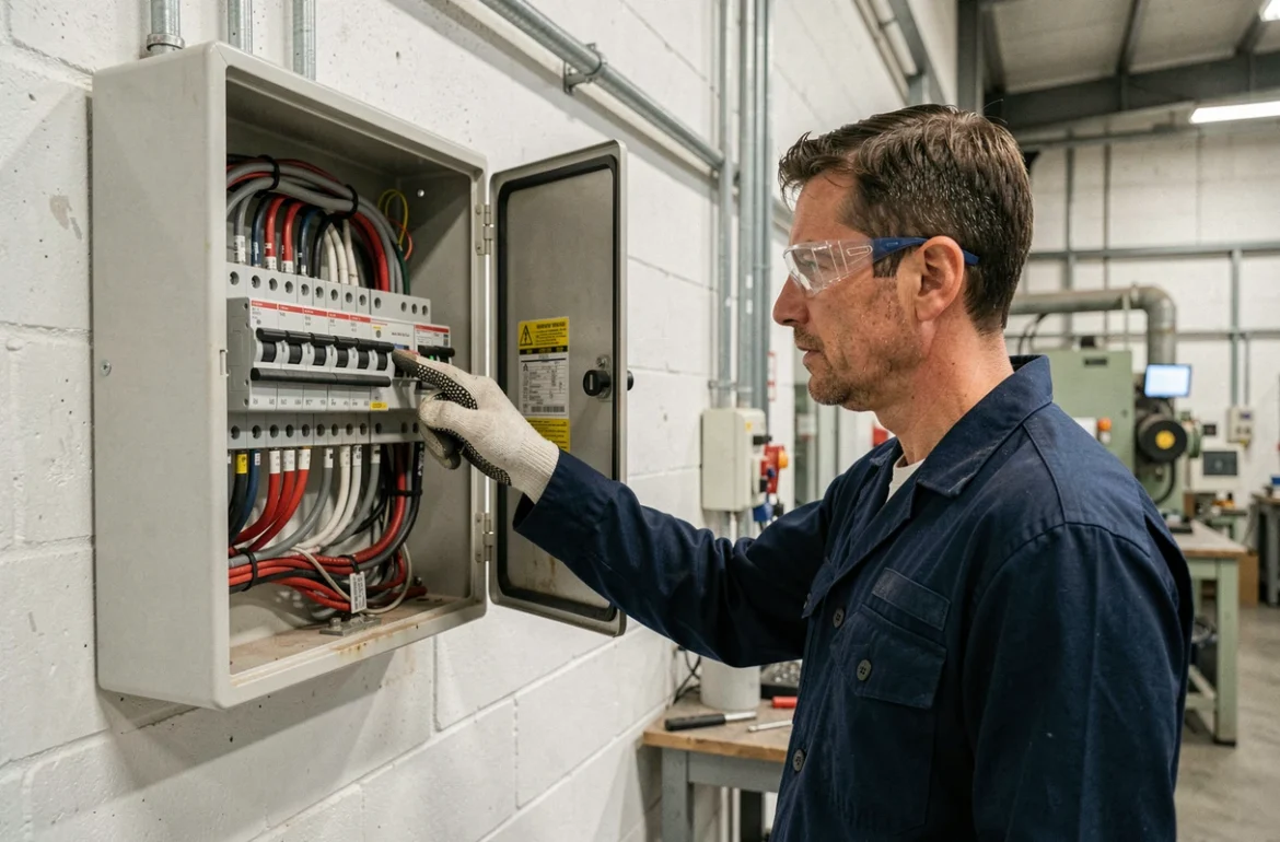 Électricien inspectant un tableau électrique triphasé avec disjoncteurs de différents calibres dans un atelier industriel