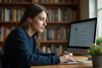 Jeune femme consultant Wikipédia sur un ordinateur portable dans une bibliothèque personnelle pour répondre à un QCM