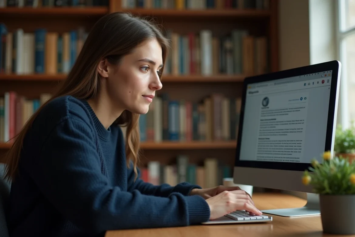 Jeune femme consultant Wikipédia sur un ordinateur portable dans une bibliothèque personnelle pour répondre à un QCM