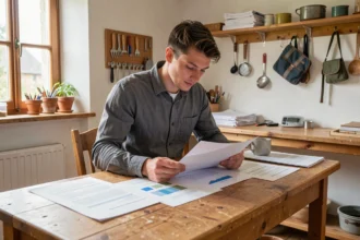 Entrepreneur examinant des documents de projet sur un bureau en bois