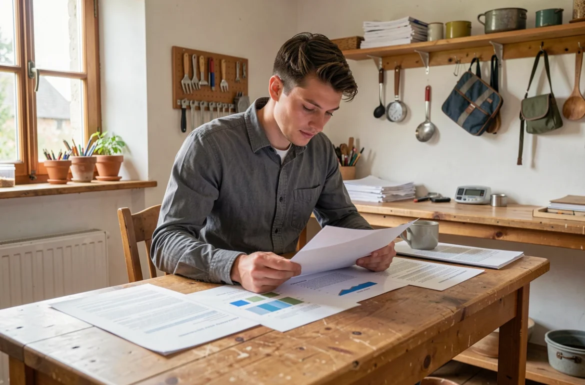 Entrepreneur examinant des documents de projet sur un bureau en bois
