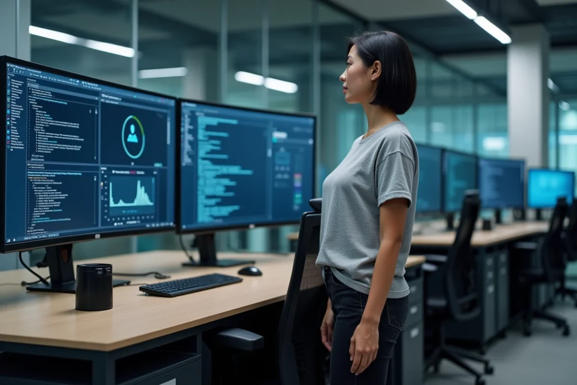 Professionnelle en cybersécurité analysant un tableau de bord de scan réseau sur un grand écran dans une salle d'opérations moderne