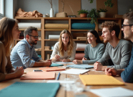 Groupe de designers textiles discutant autour d'une table