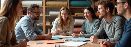 Groupe de designers textiles discutant autour d'une table