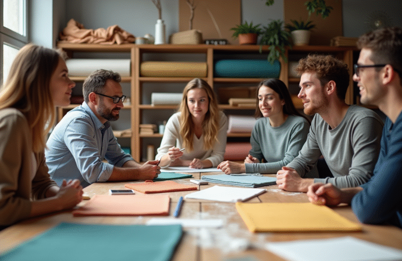 Groupe de designers textiles discutant autour d'une table