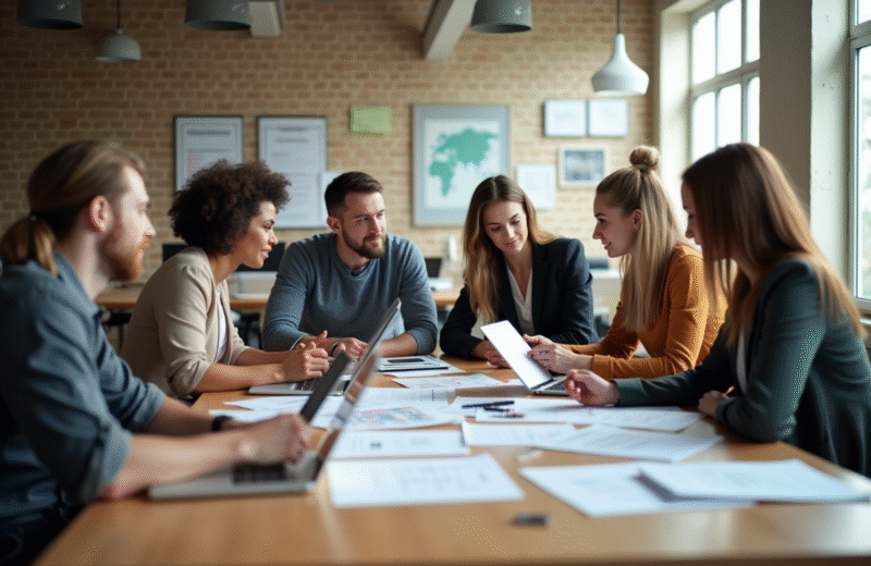 Espace de bureau moderne lumineux avec un groupe diversifié