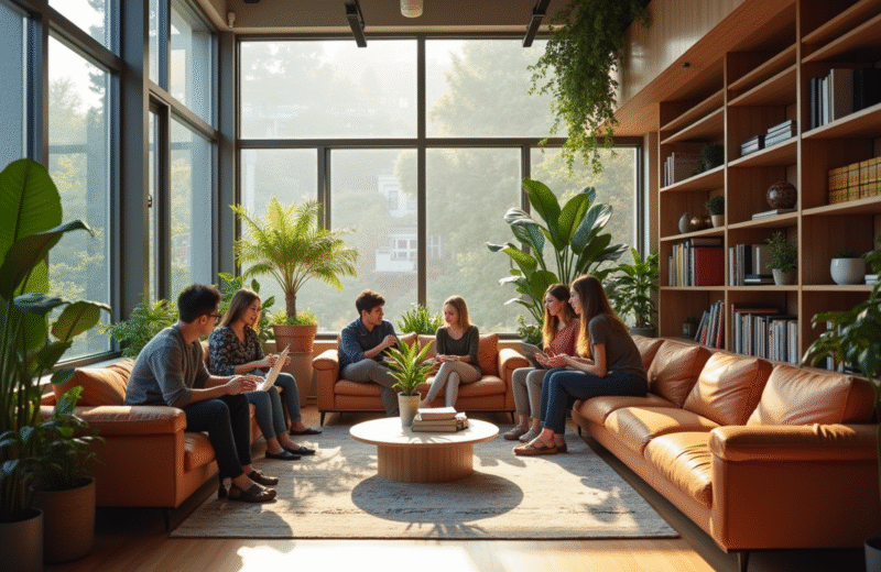 Espace de vie partagé moderne avec grands fenêtres et jeunes