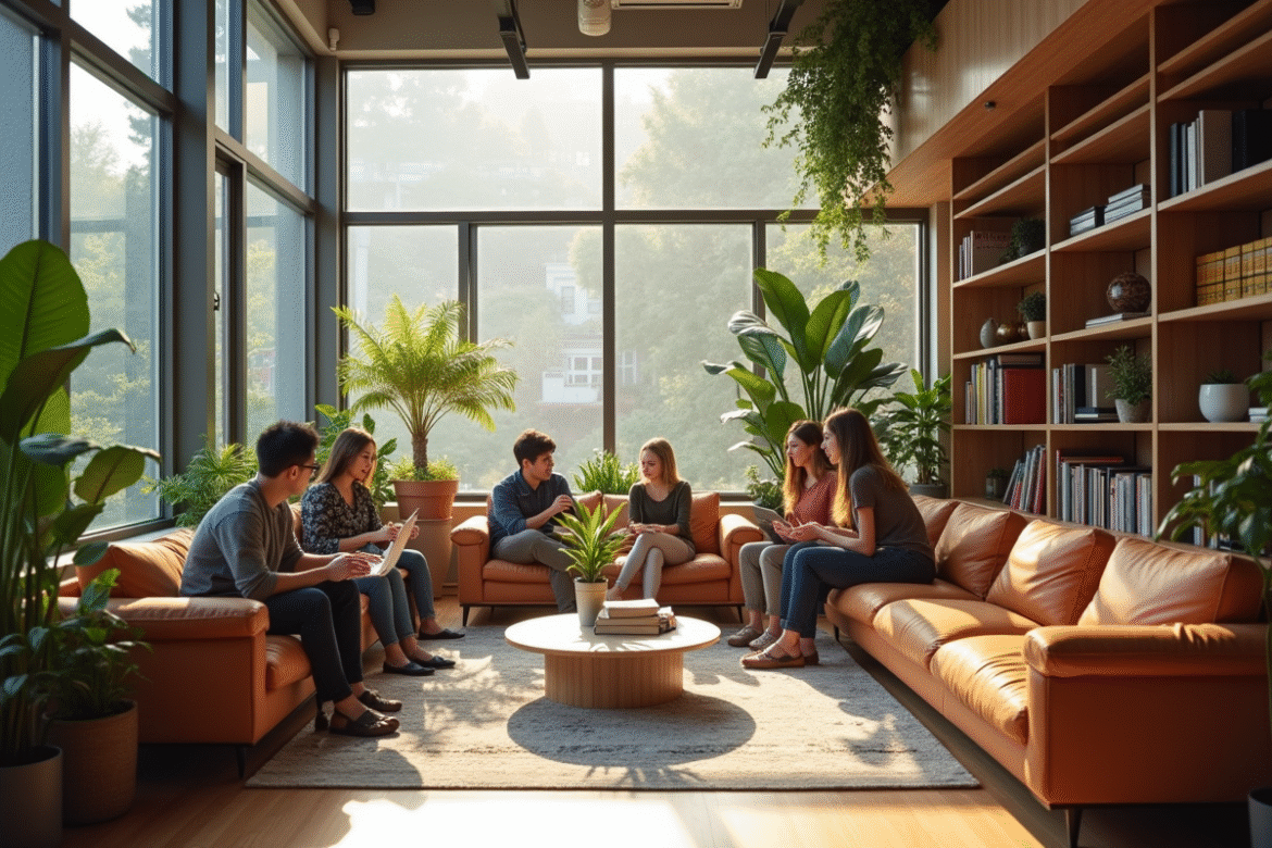 Espace de vie partagé moderne avec grands fenêtres et jeunes