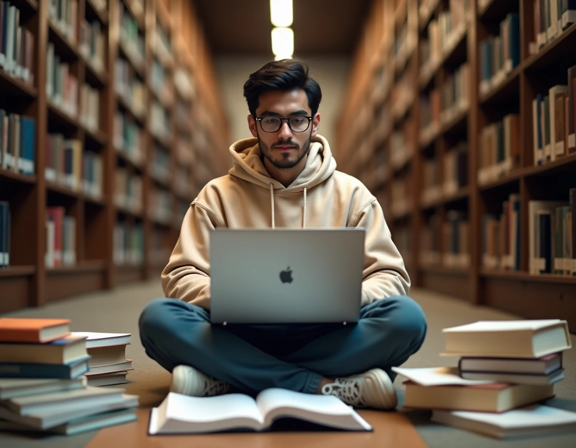 Étudiant en droit public consultant un blog juridique en ligne dans une bibliothèque universitaire