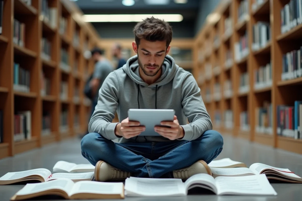 Étudiant universitaire révisant sur tablette avec Wikipédia entouré de manuels dans une bibliothèque académique
