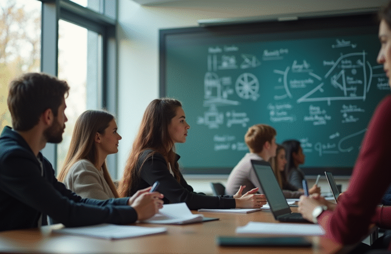Groupe d'étudiants attentifs en classe moderne avec tableau numérique