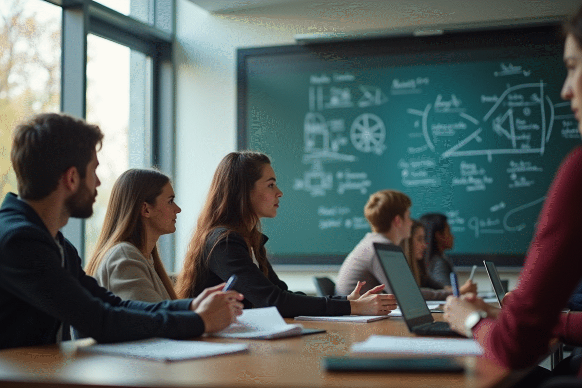 Groupe d'étudiants attentifs en classe moderne avec tableau numérique