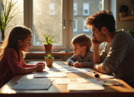 Famille française préoccupée par leurs factures à la maison