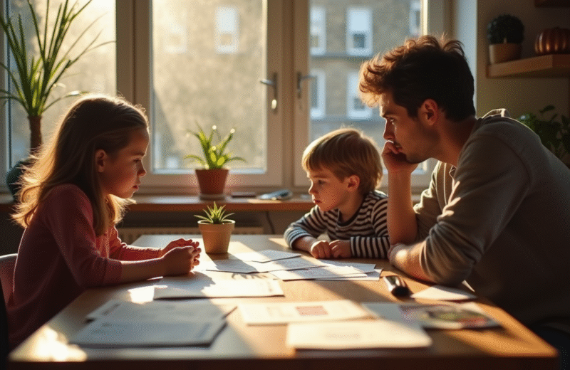 Famille française préoccupée par leurs factures à la maison