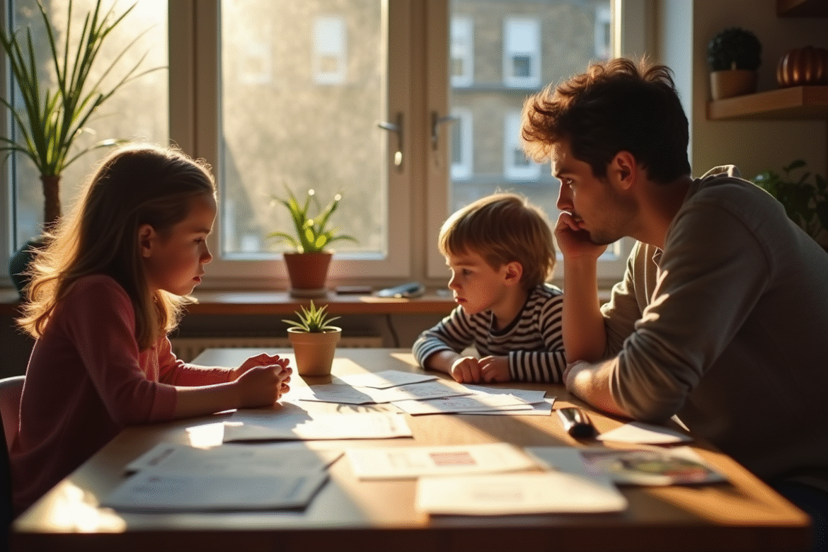 Famille française préoccupée par leurs factures à la maison