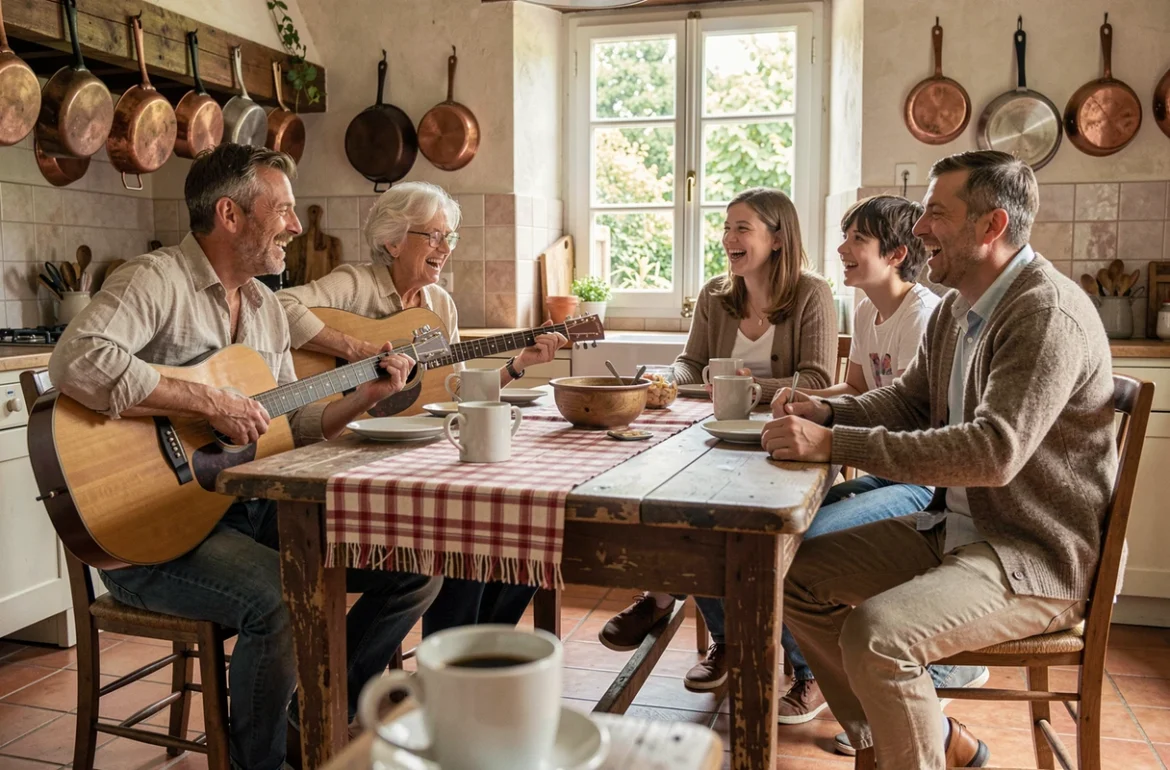 Famille française de plusieurs générations chantant des chansons des années 60 autour d'une table de cuisine rustique