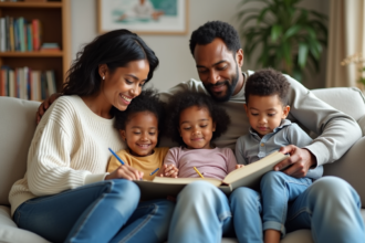 Famille multiraciale assise sur un canapé chaleureux