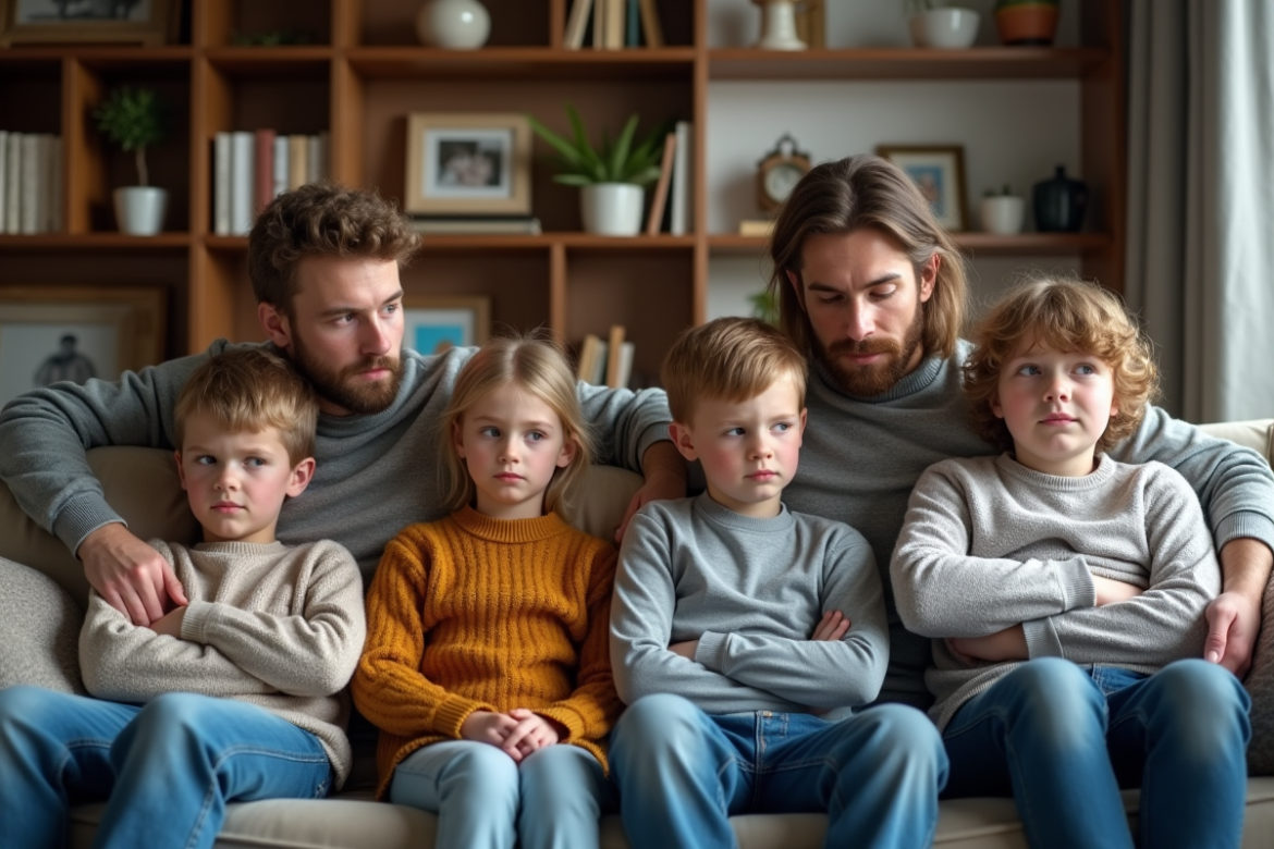 Famille multigeneration assise sur un canapé dans un salon moderne