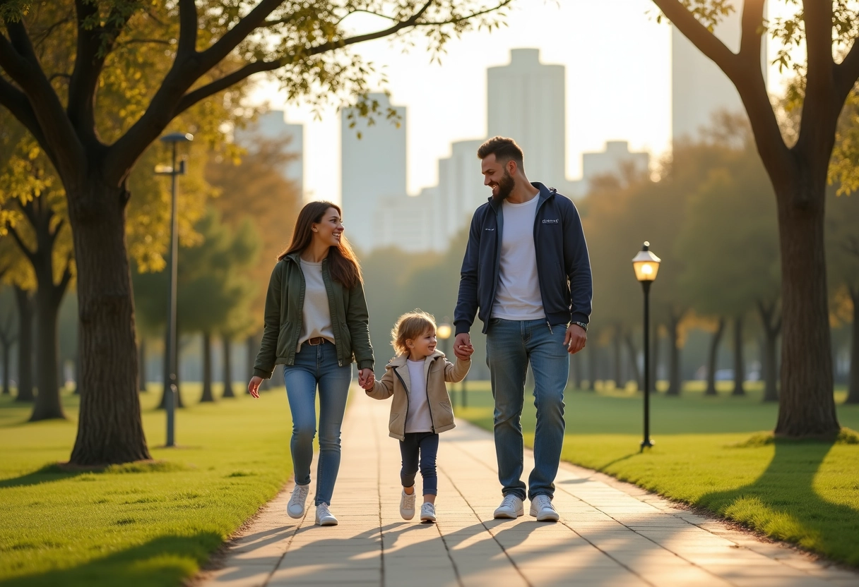 Famille monoparentale marchant dans un parc urbain