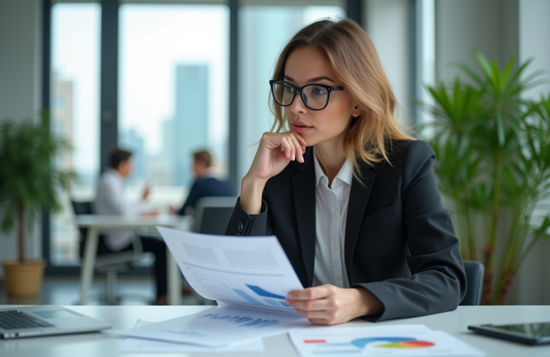 Femme d affaires en réunion analysant des graphiques