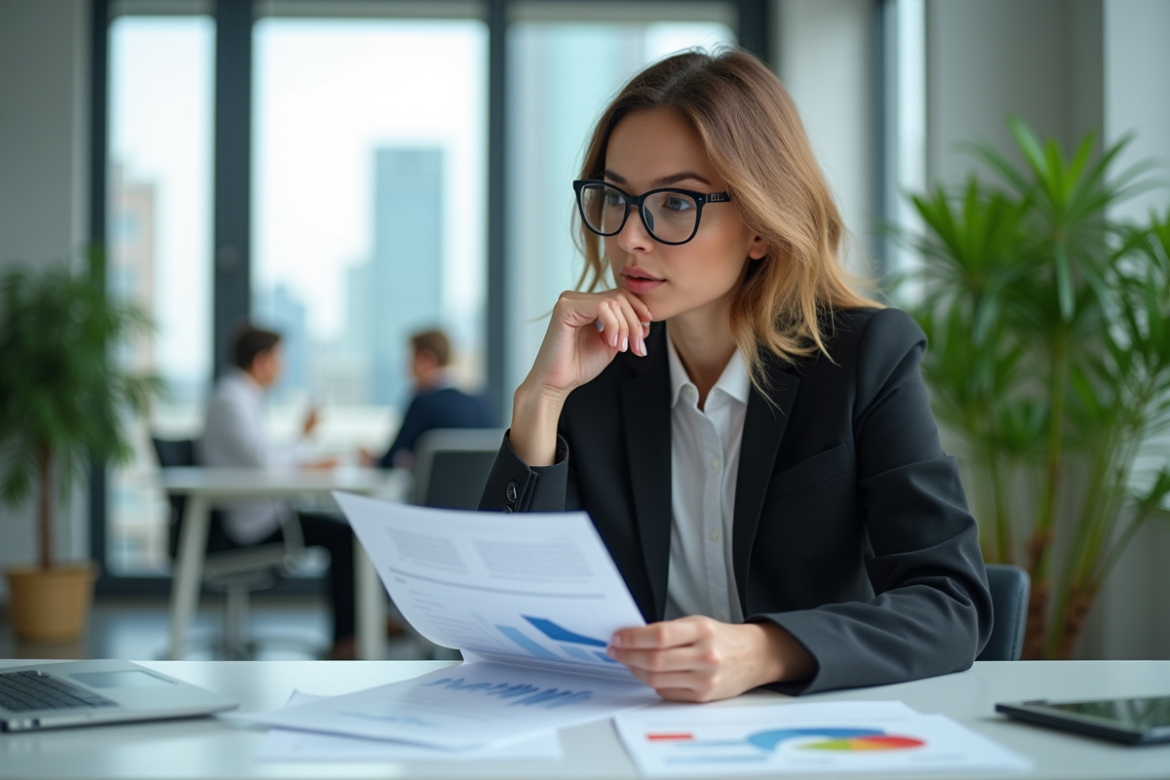 Femme d affaires en réunion analysant des graphiques