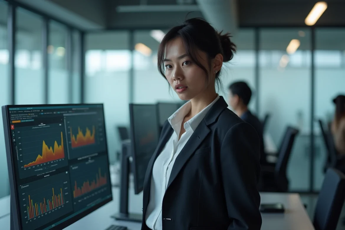 Femme en bureau analysant des données et alertes sur un écran, symbolisant les risques cachés et les signaux d'alerte des services numériques douteux