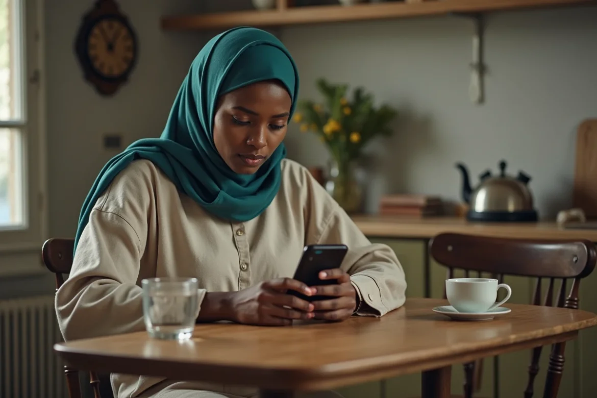 Jeune femme musulmane consultant les heures de prière islamique sur son téléphone dans un appartement parisien