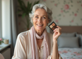 Femme d'une cinquantaine tenant une palette de fond de teint
