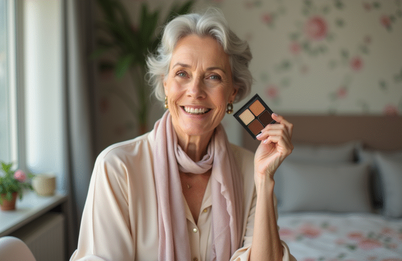Femme d'une cinquantaine tenant une palette de fond de teint