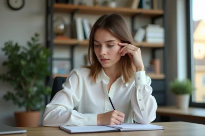 Jeune femme au bureau regardant une horloge murale