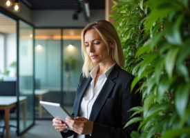 Femme d affaires avec tablette devant mur végétal intérieur