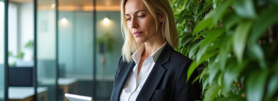 Femme d affaires avec tablette devant mur végétal intérieur