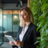 Femme d affaires avec tablette devant mur végétal intérieur