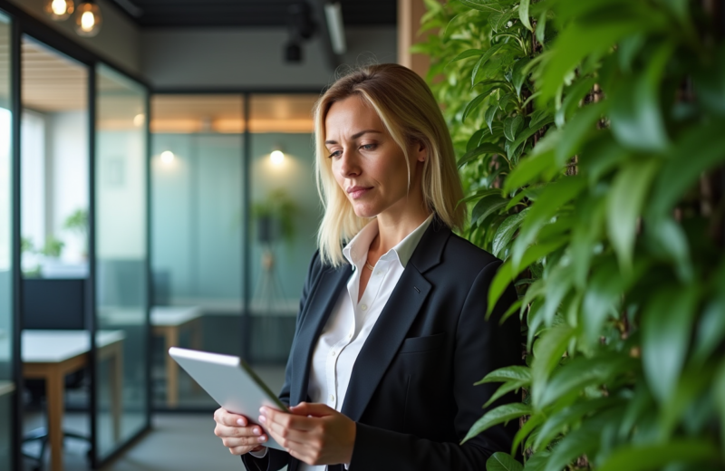 Femme d affaires avec tablette devant mur végétal intérieur