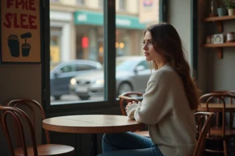 Jeune femme pensant dans un café urbain