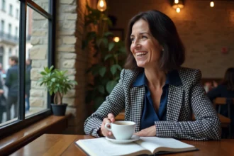 Femme souriante dans un café parisien avec carnet et café