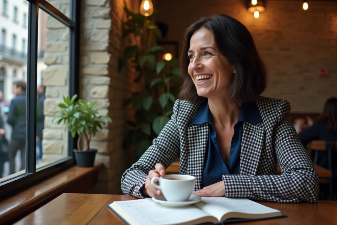 Femme souriante dans un café parisien avec carnet et café